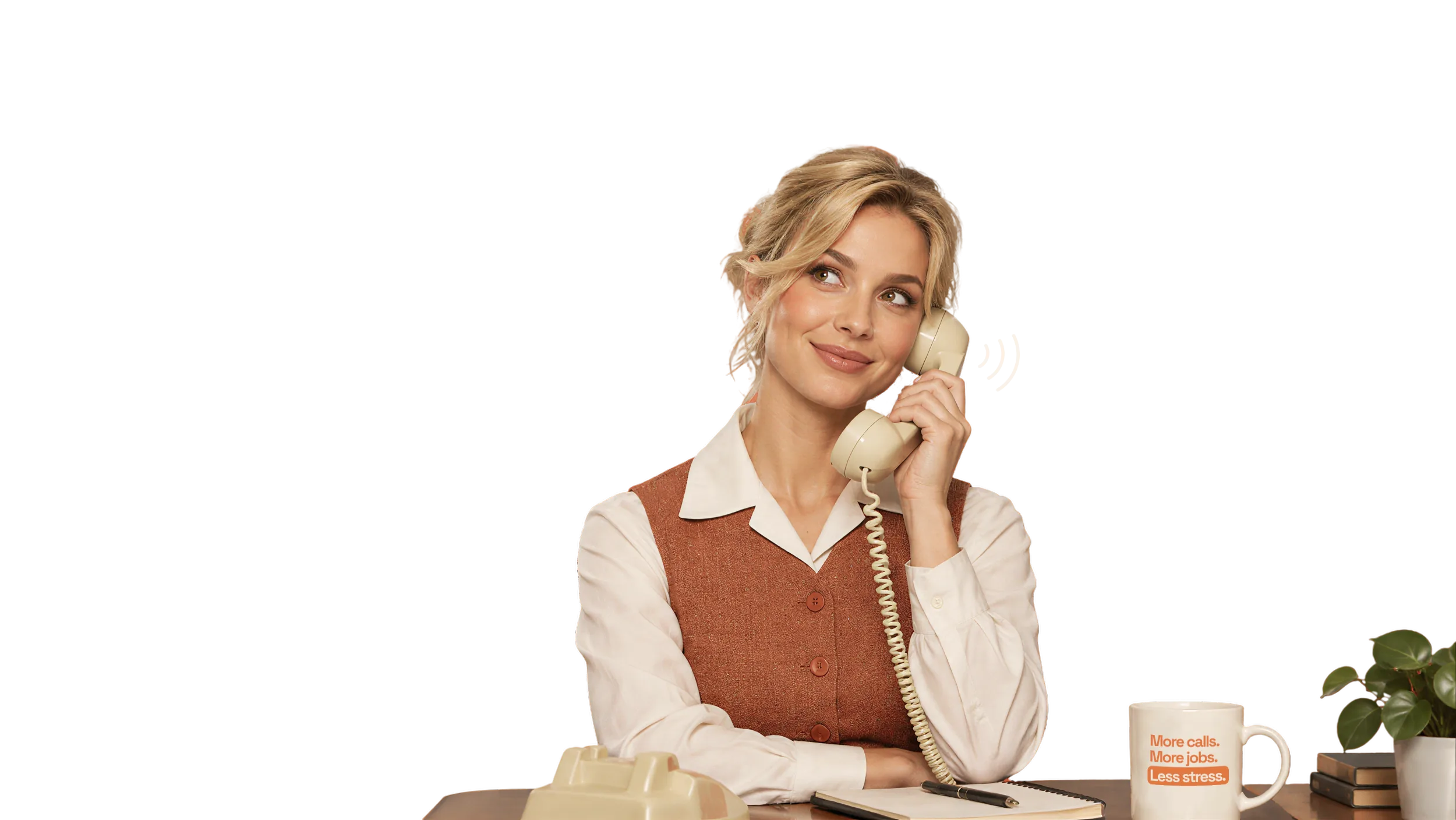 Penny, the receptionist, smiling at a vintage desk with a telephone handset to her ear